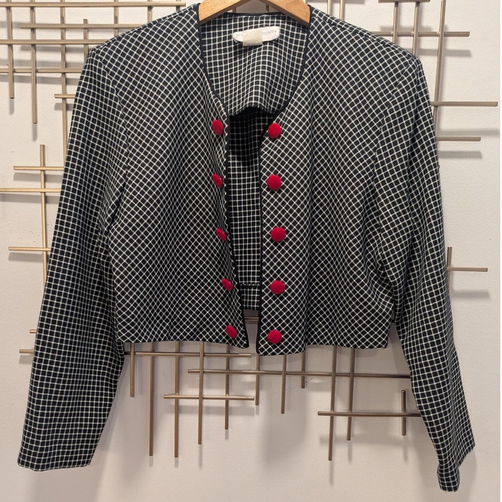 Vtg Blazer Black White Grid Red Button Cropped 10P Preppy Rockabilly Punk